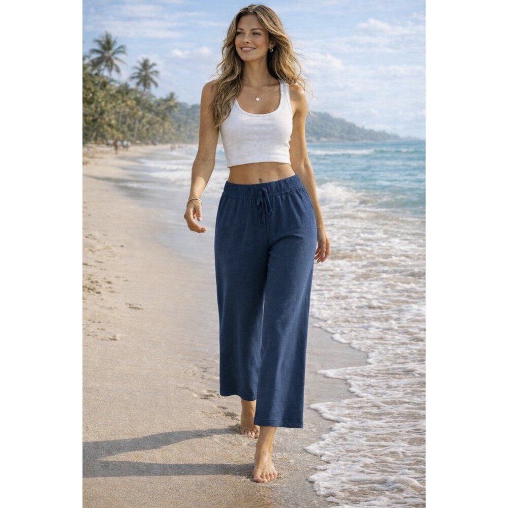 FP Free People Beach Wide Leg Pants Women’s Pull On Beach Cotton XS Blue NEW